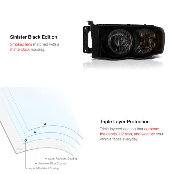 2002-2005 Dodge RAM 1500 Sinister Black Headlight