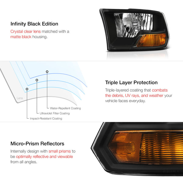 2009-2017 Dodge RAM 1500 Black Headlight