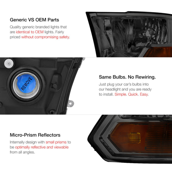 2009-2017 Dodge RAM 1500 Smoked Headlight