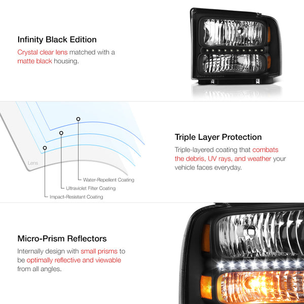 2005-2007 Ford F-250 | F-350 | F-450 | F-550 Superduty Black Headlight