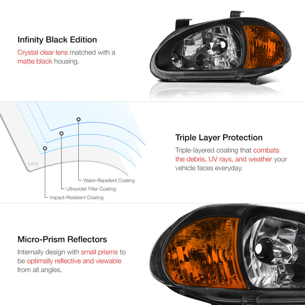 1993-1997 Honda Civic Del Sol Black Headlight