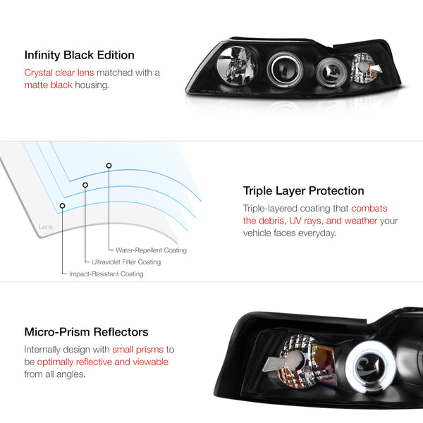 1999-2004 Ford Mustang Black Headlight